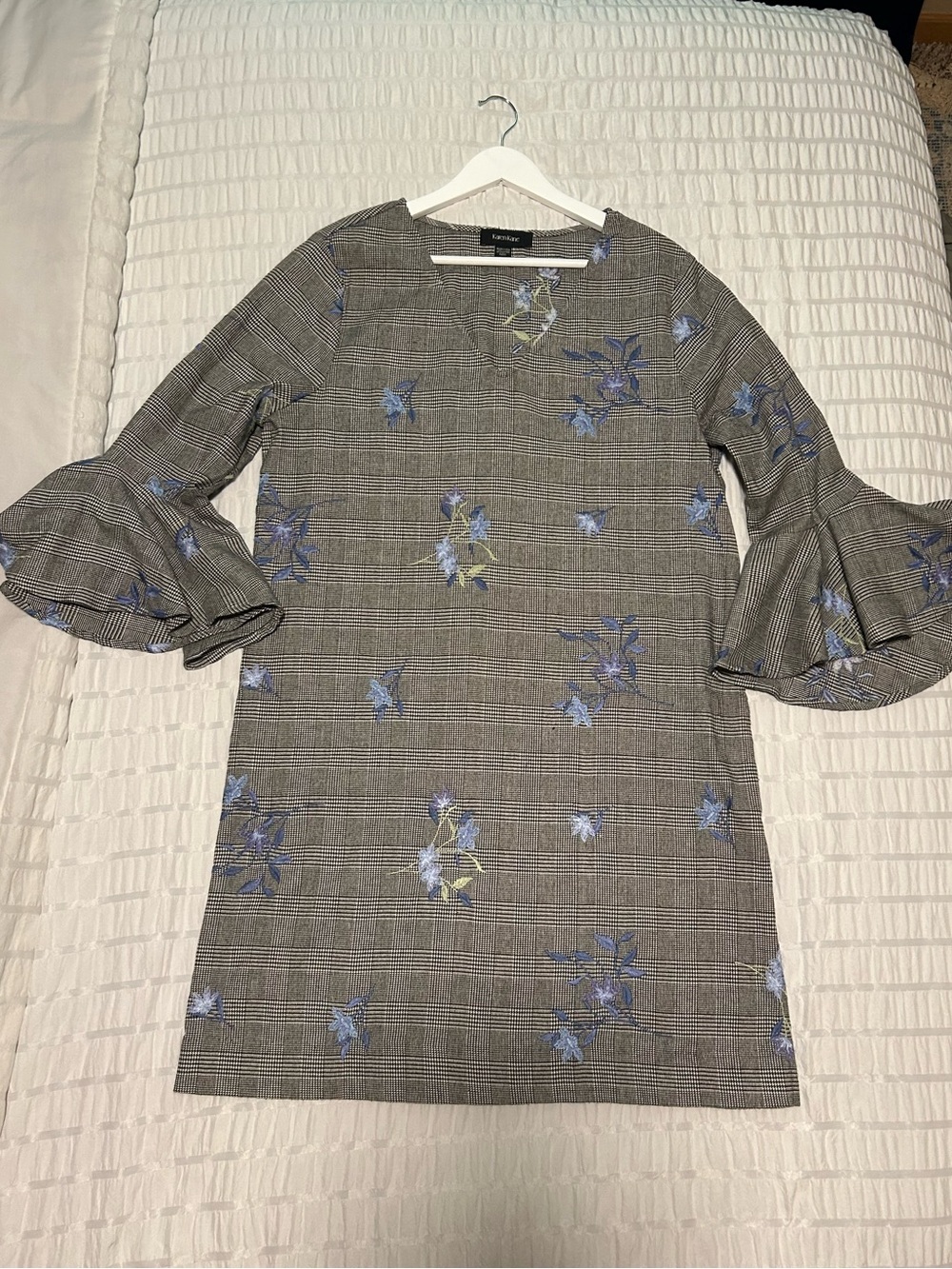 Karen Kane Gray Plaid Shift Dress with Blue Floral Embroidery